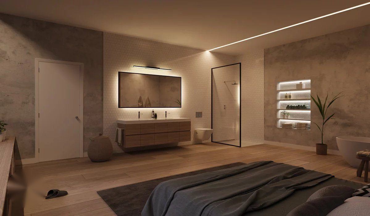 Salle de bain en suite parentale avec rubans LED et éclairage indirect
